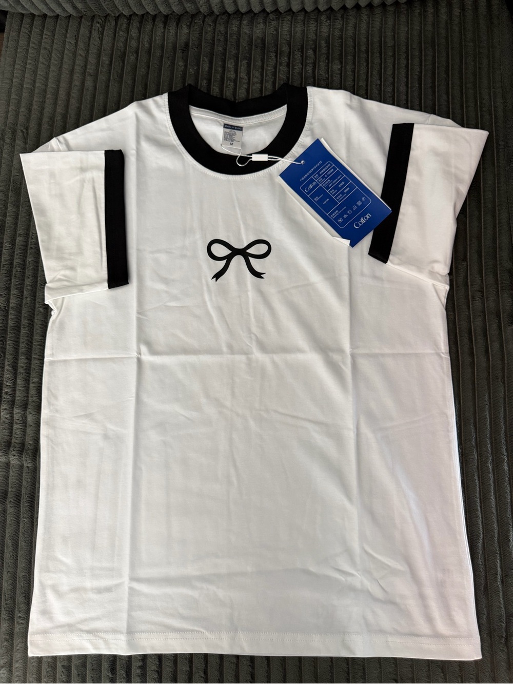 Minimalist Black Bow Graphic Ringer T-Shirt White NWT